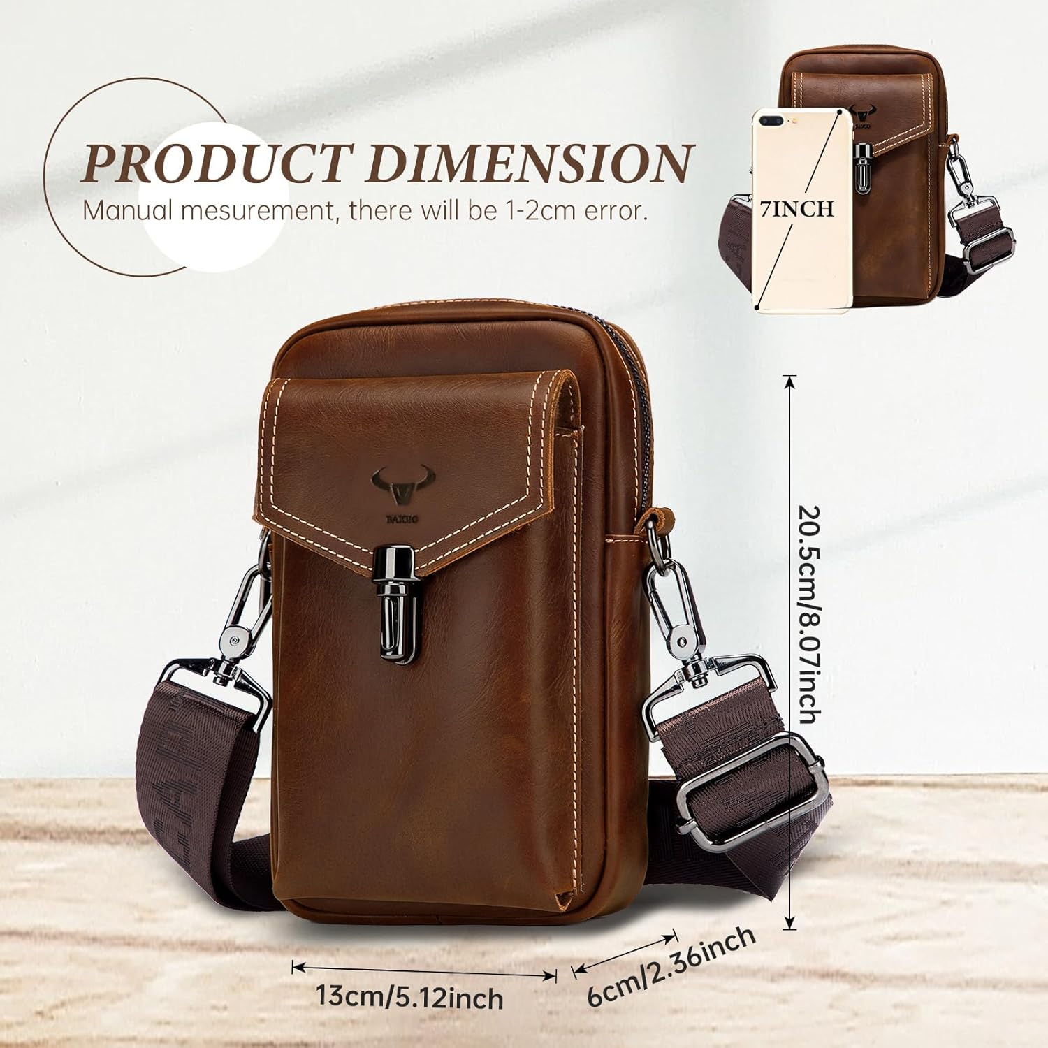 Thumbnail 2 de BAIGIO Sac banane randonnée en cuir pour homme – sacoche ceinture avec passant et poche téléphone
