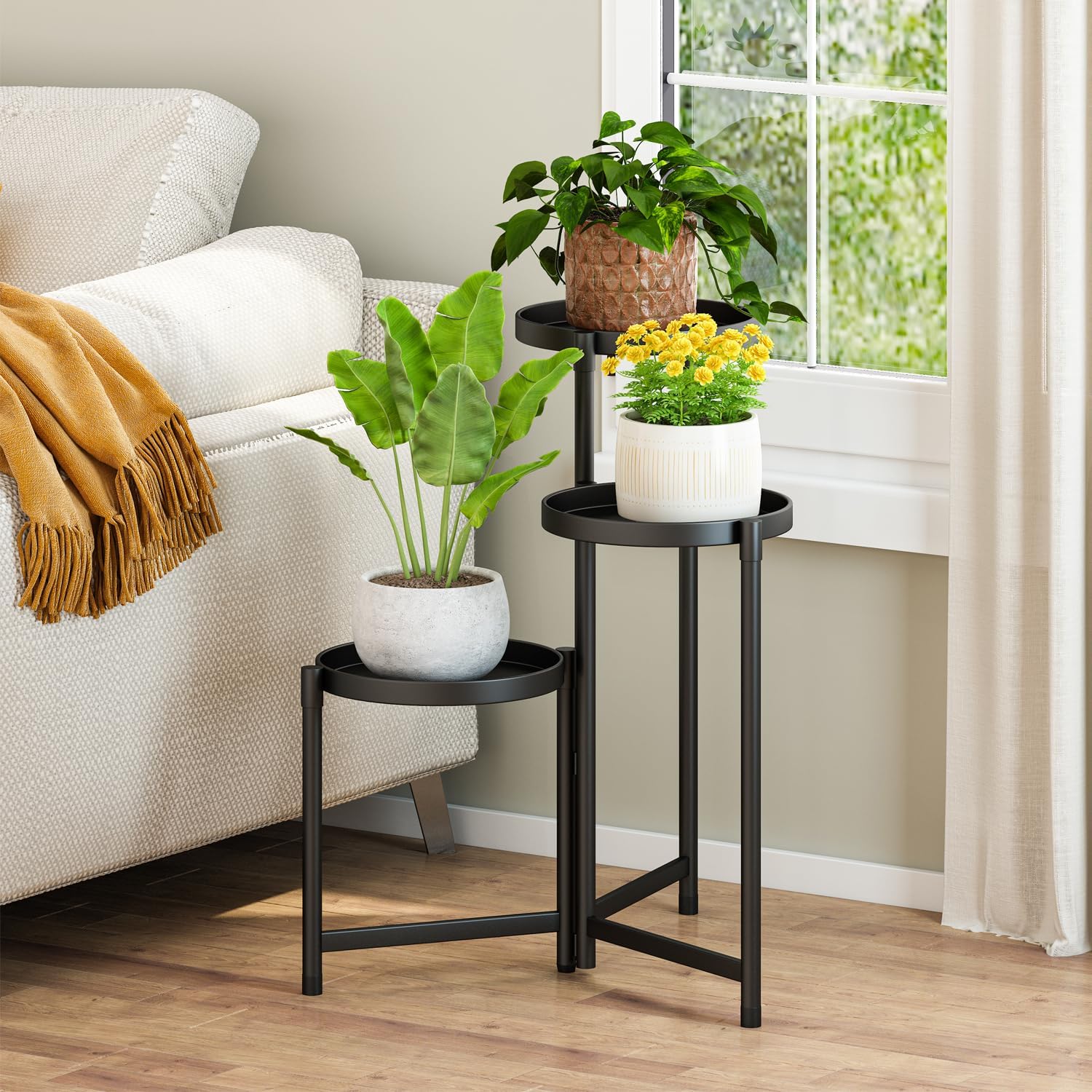Detalle 2 de Atpddpey HJZ03 3-Tier Metal Plant Stand, Black, 9.06-Inch Trays