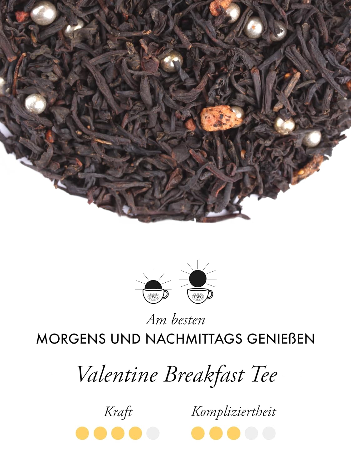 Detalle de TWG Tea Valentine Breakfast Tea – Schwarzer Tee mit Zuckerperlen & Beeren, Haute Couture Dose, 100 g Geschenkset
