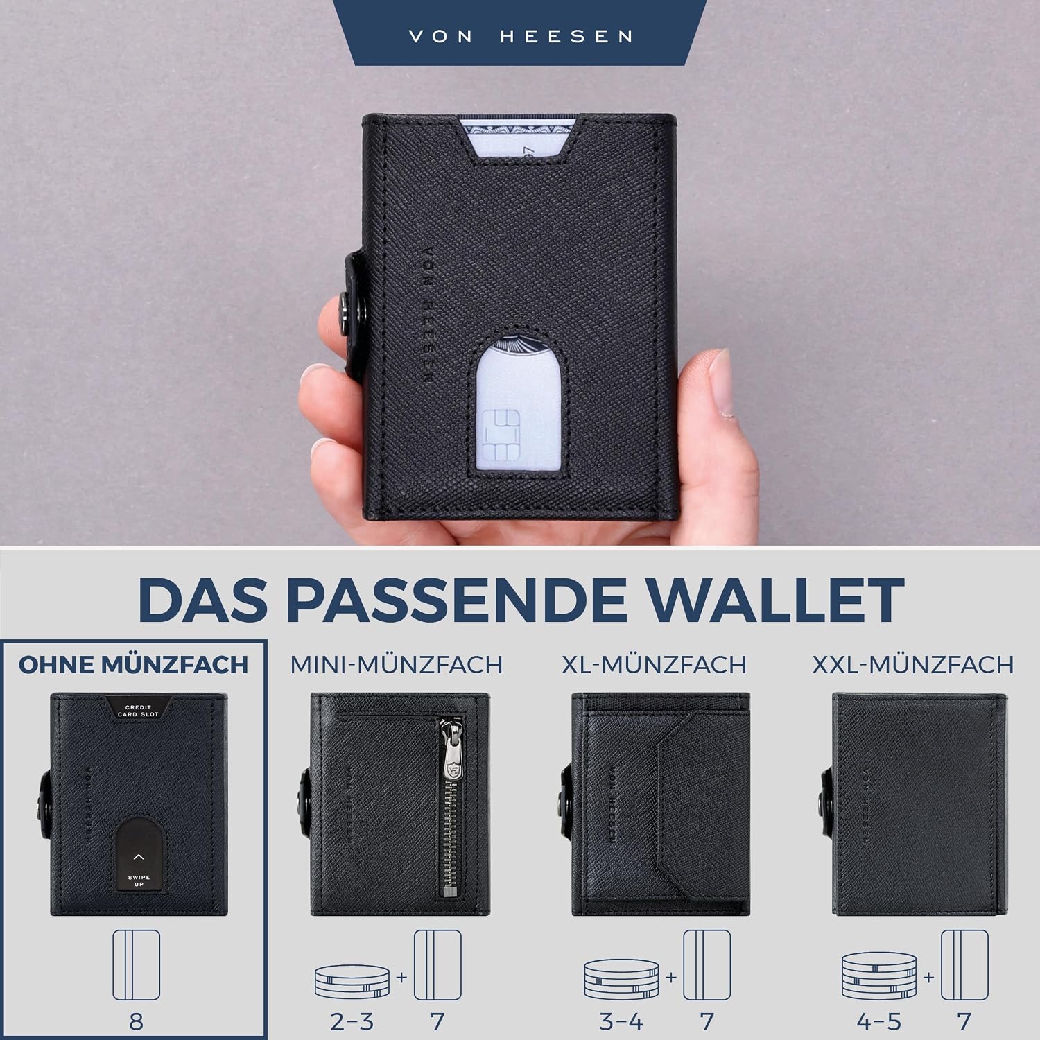 Thumbnail 5 de VON HEESEN Slim Wallet mit RFID-Schutz – Kompakte Geldbörse aus echtem Napa-Leder (Schwarz, Saffiano)