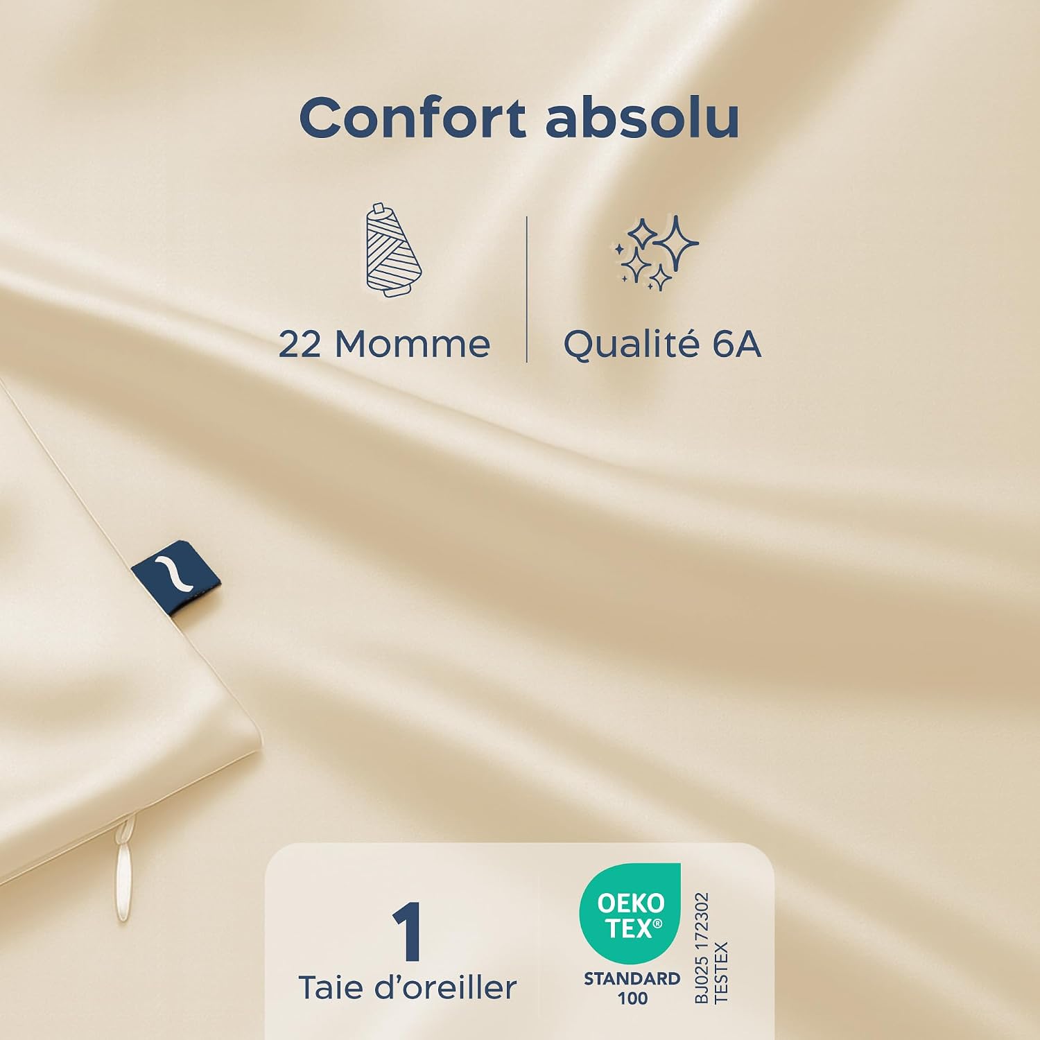 Detalle 2 de Twinzen Taie d’Oreiller en Soie 100% – 80 x 80 cm, Ivoire – 22 Momme, Grade 6A, Oeko-Tex