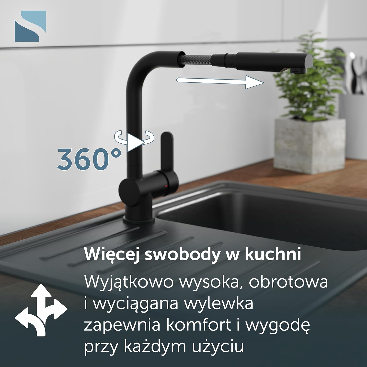 Detalle de SCHÜTTE 79760 London – czarna bateria kuchenna z wyciąganą słuchawką
