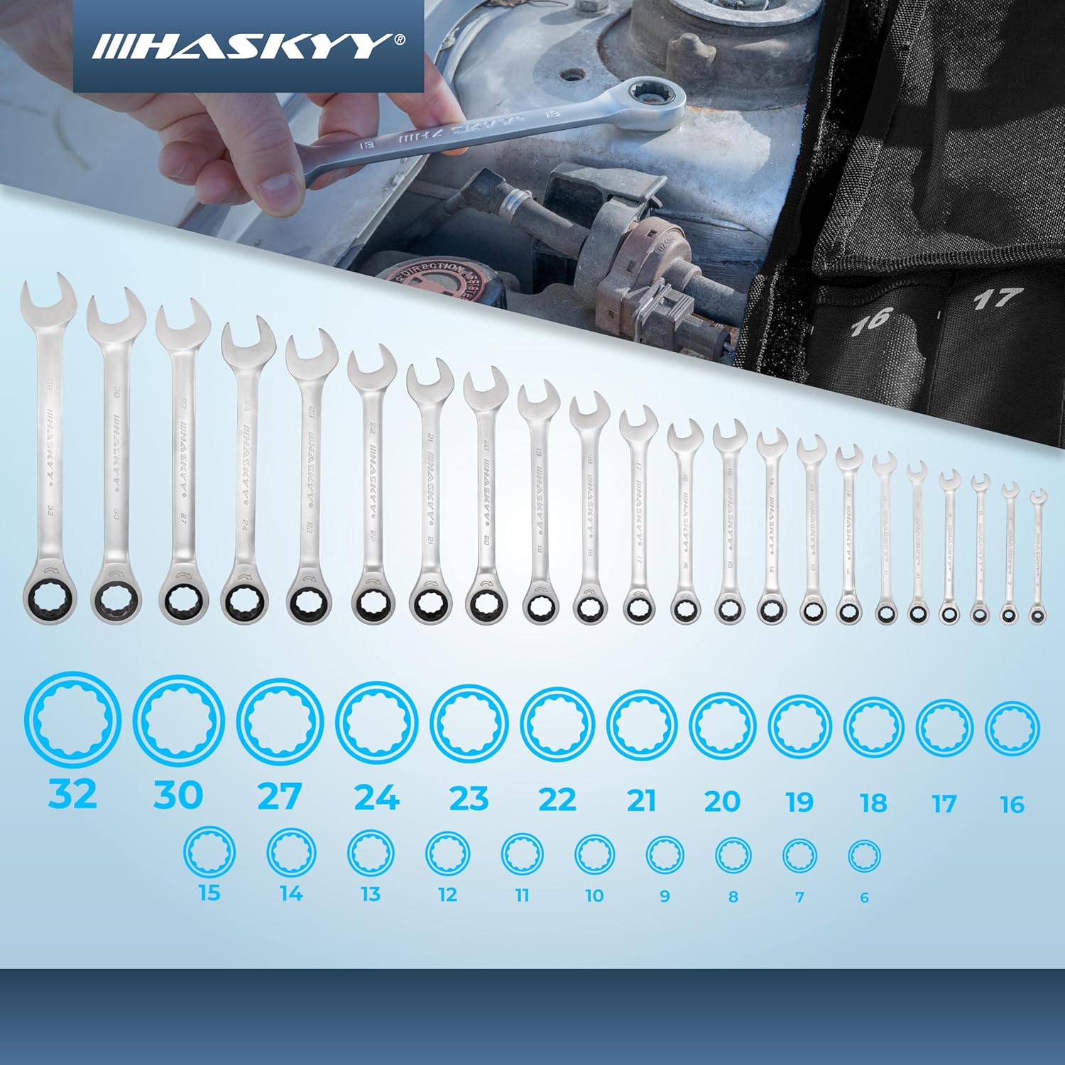 Detalle de HASKYY 22 pièces – Jeu de clés à cliquet 8–32 mm avec tête fine et denture précise