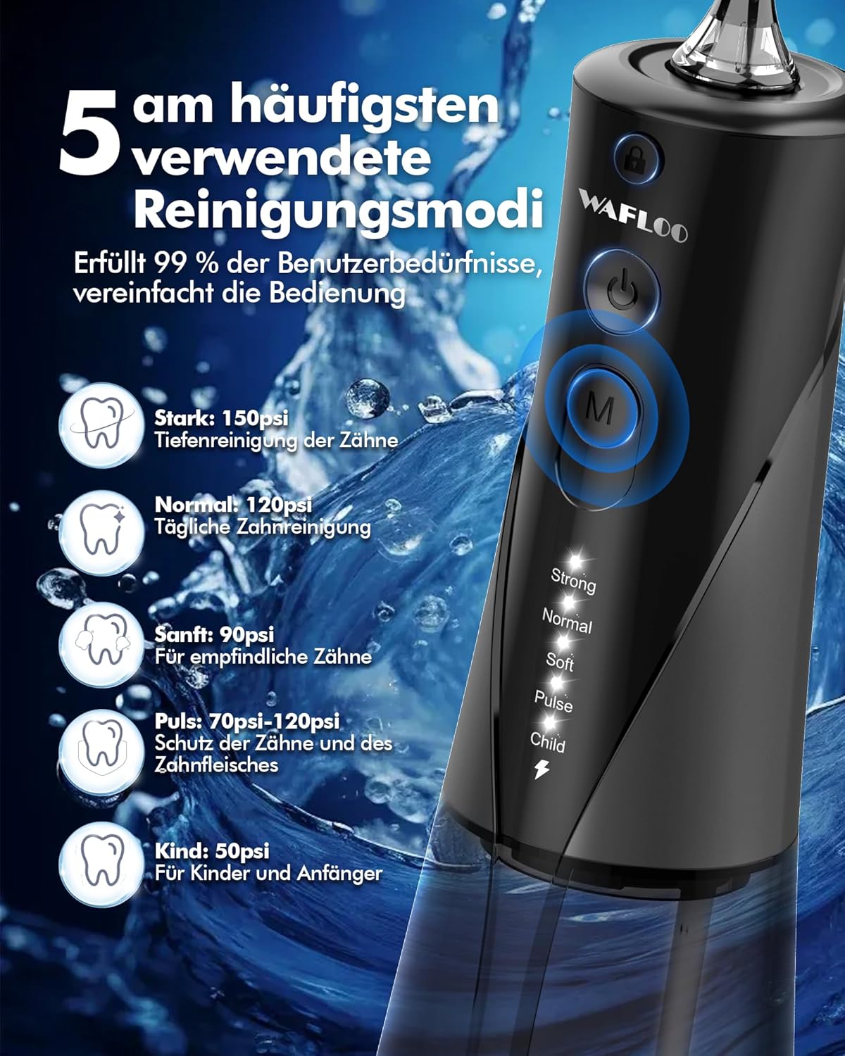 Thumbnail 1 de WAFLOO Munddusche kabellos Water Flosser mit USB-C, 5 Modi und 300 ml Wassertank (Schwarz)