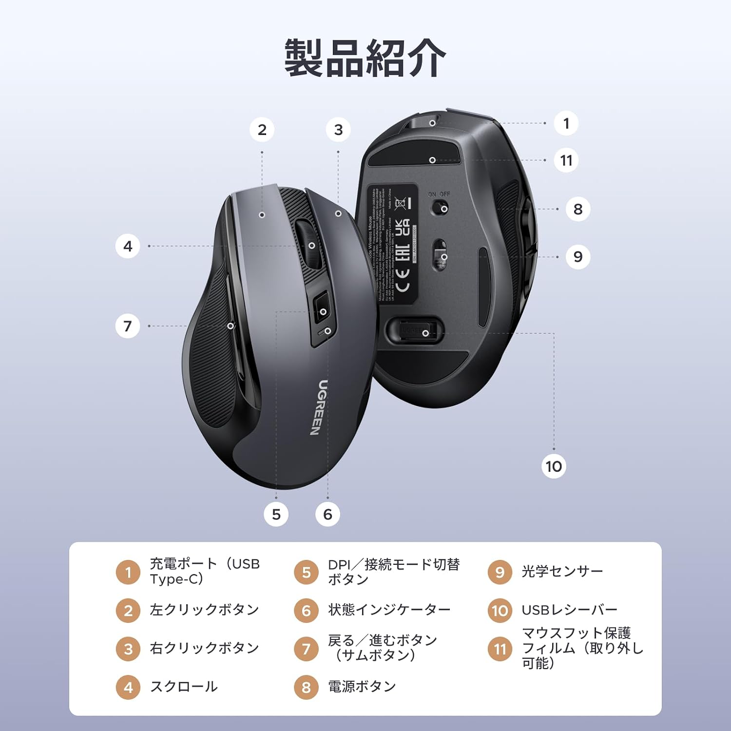 Thumbnail 5 de UGREEN ワイヤレスマウス 静音クリック、Bluetooth 5.4・2.4GHz対応、USB-C充電、最大4000DPI