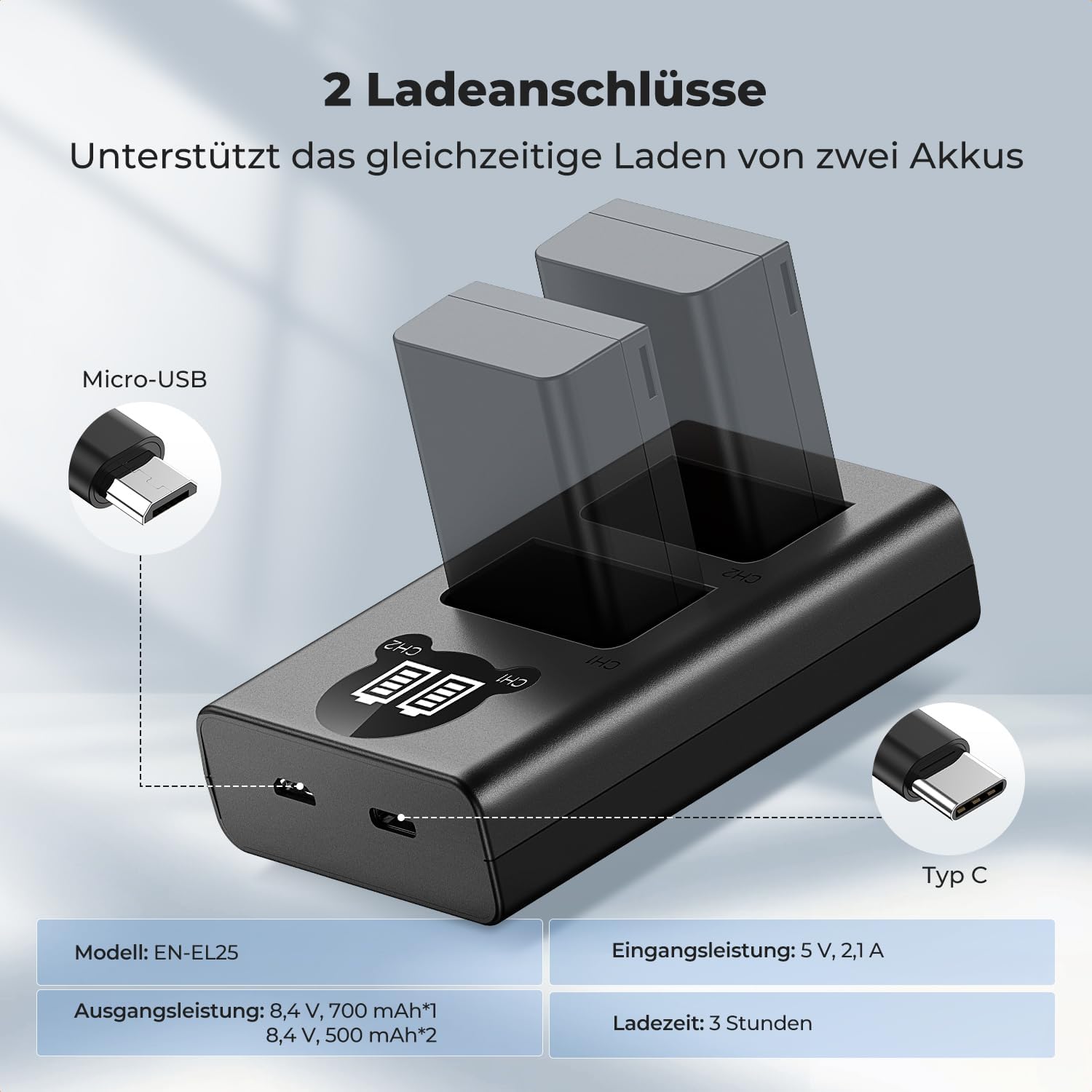 Thumbnail 5 de K&F CONCEPT EN-EL25 Dual Slot LED Ladegerät mit USB-C/ Micro-USB, kompatibel mit Nikon Z30, Z50, Z50 II und Zfc