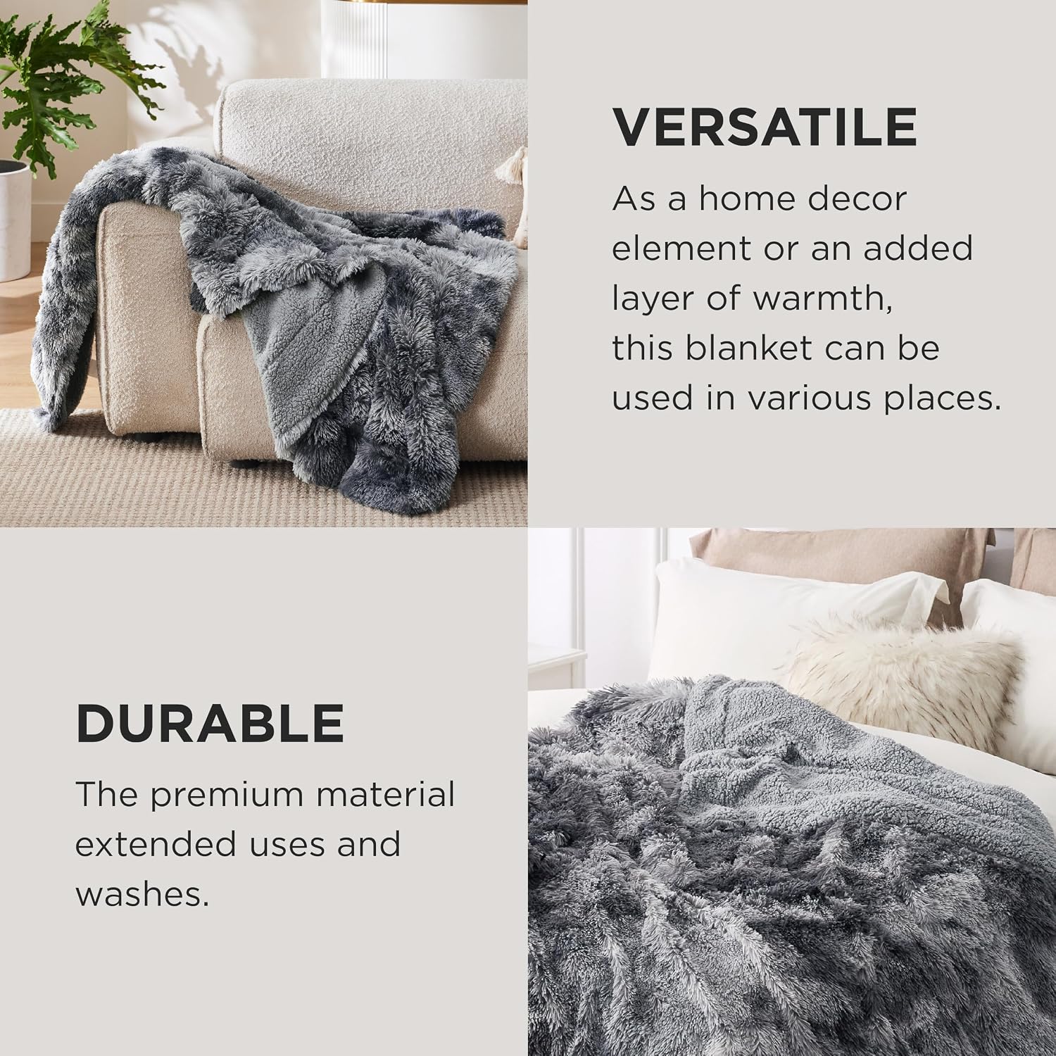Detalle 2 de Bedsure FFB-2B Faux Fur Sherpa Throw Blanket, 50" x 60", Gray