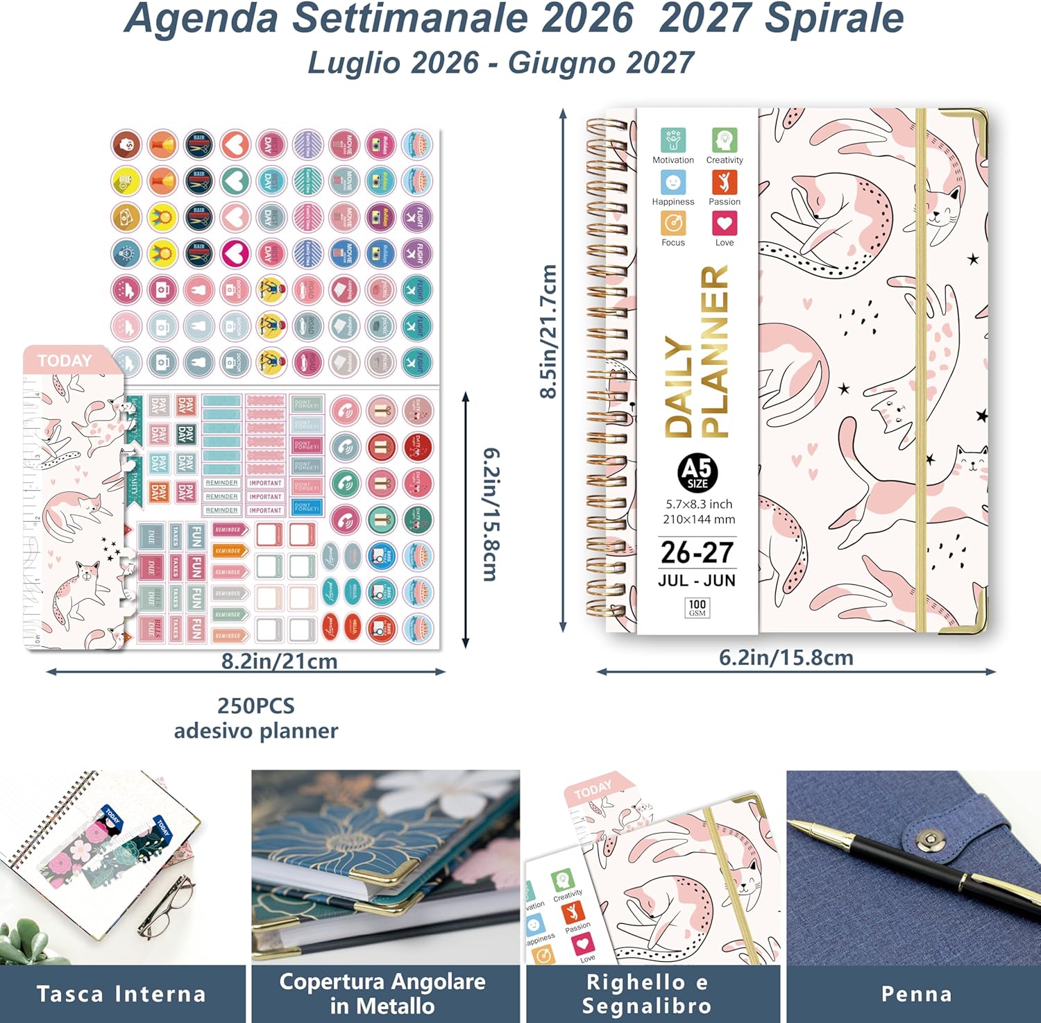 Detalle de Gumiho Agenda Settimanale 2026‑2027 – A5 Spirale con Penna, Segnalibro e Righello