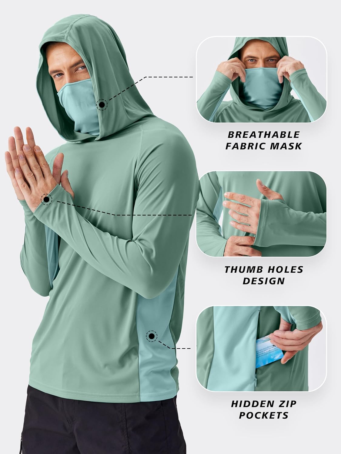 Detalle de PINSPARK Men's Sun Protection Hoodie with Mask UPF 50+ UV Long Sleeve Shirt