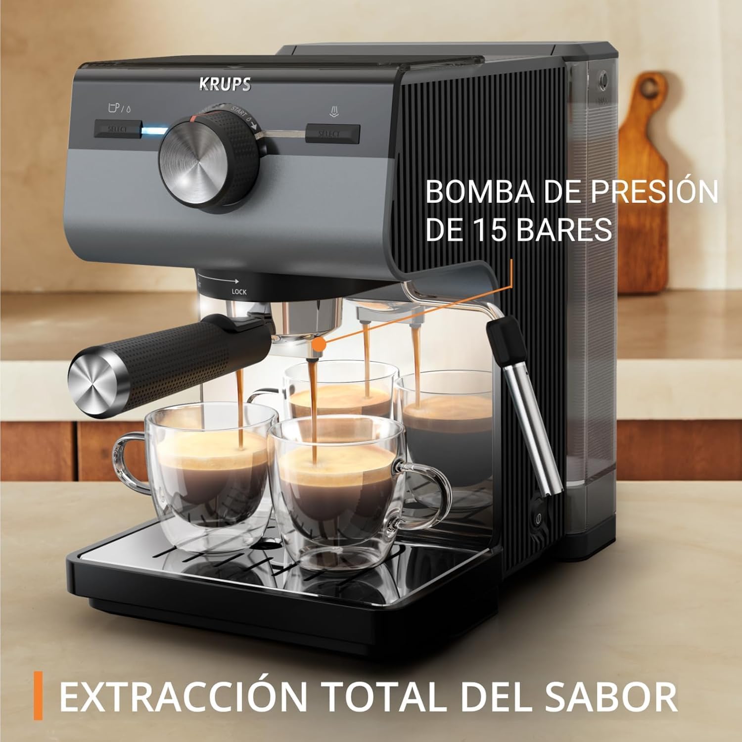 Detalle 2 de Krups XP384G Cafetera Espresso Manual ☕️, 15 bares, 2L