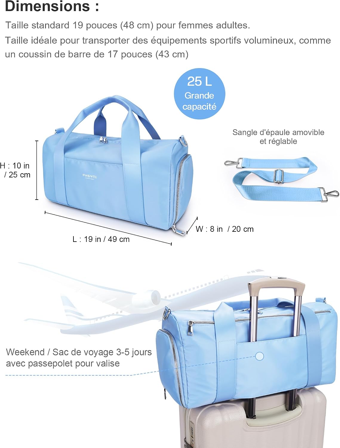 Thumbnail 1 de PHSYNI Sac de sport femme 19 pouces : sac de voyage 25 L avec compartiment à chaussures et poche imperméable