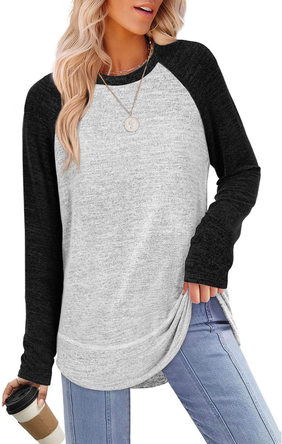 Detalle de Aokosor Ladies Long Sleeve Tunic Top with Curved Hem
