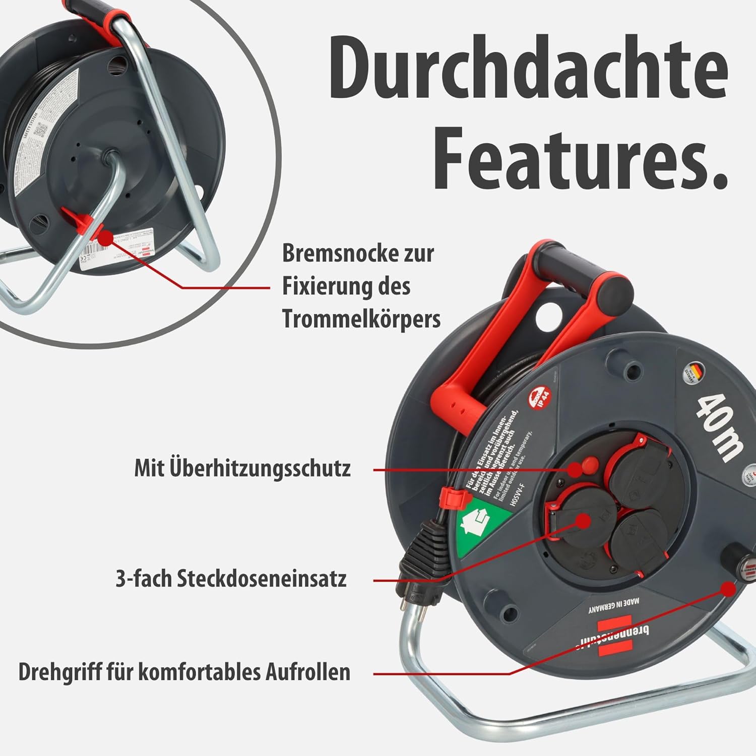 Detalle de Brennenstuhl Garant V2 IP44 Kabeltrommel 40 m outdoor – robuste Außenkabelführung mit IP44-Schutz
