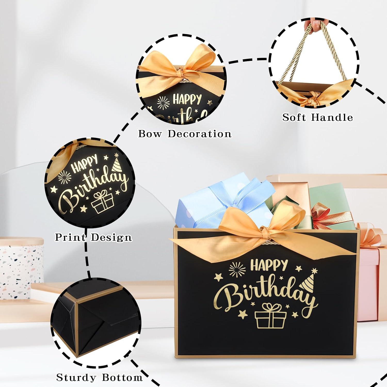 Detalle de Black and Gold Birthday Gift Bag 11.0 × 8.0 × 4.0 inches – Happy Birthday Bag with Ribbons, 3 Tissue Papers & Card