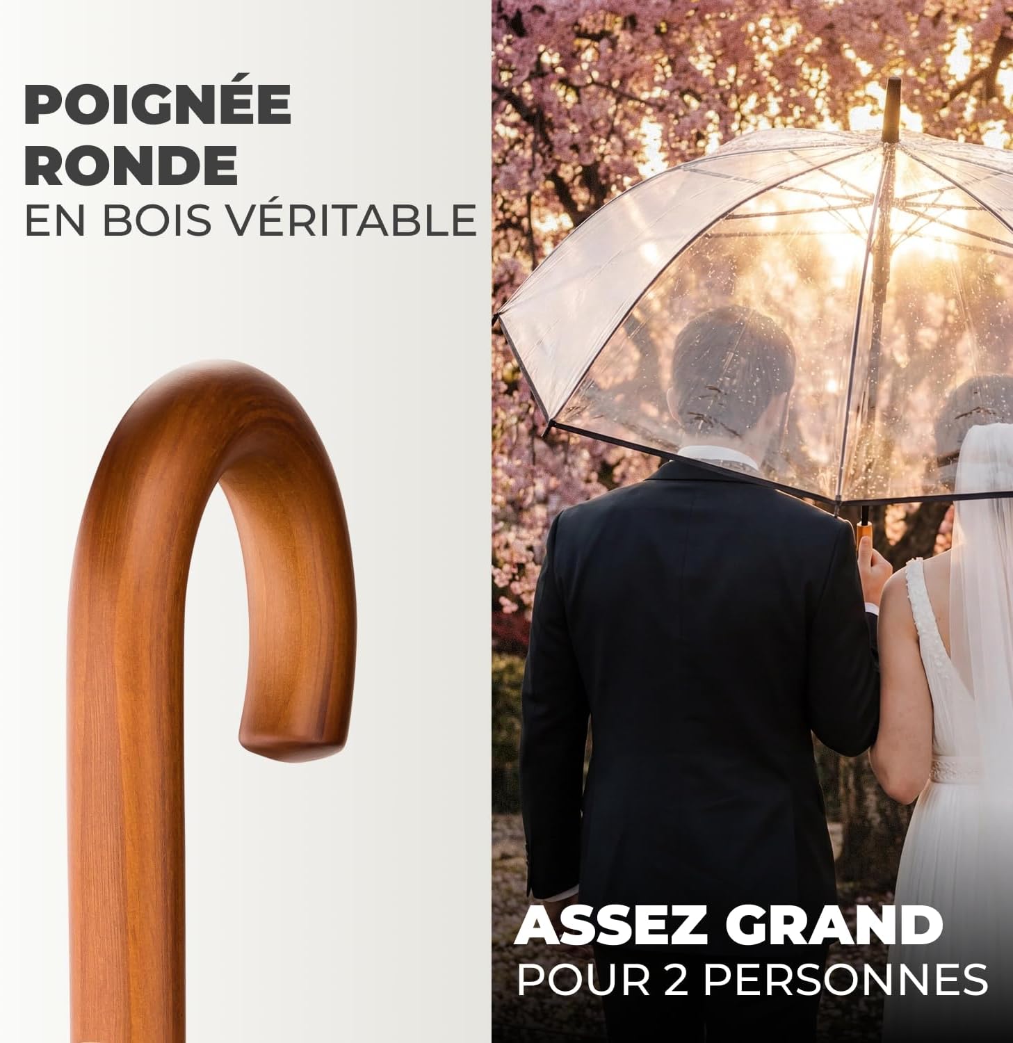 Thumbnail 2 de LOGAN & BARNES Parapluie de mariage transparent Cardiff Ø120 cm — XXL, bois véritable, 16 baleines renforcées