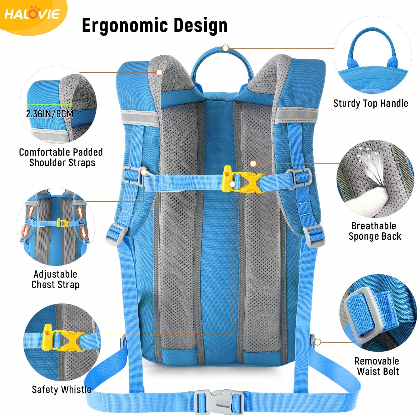 Detalle 2 de HALOVIE Kinderrucksack 12L mit Brustgurt – Wanderrucksack für 6–10 Jahre
