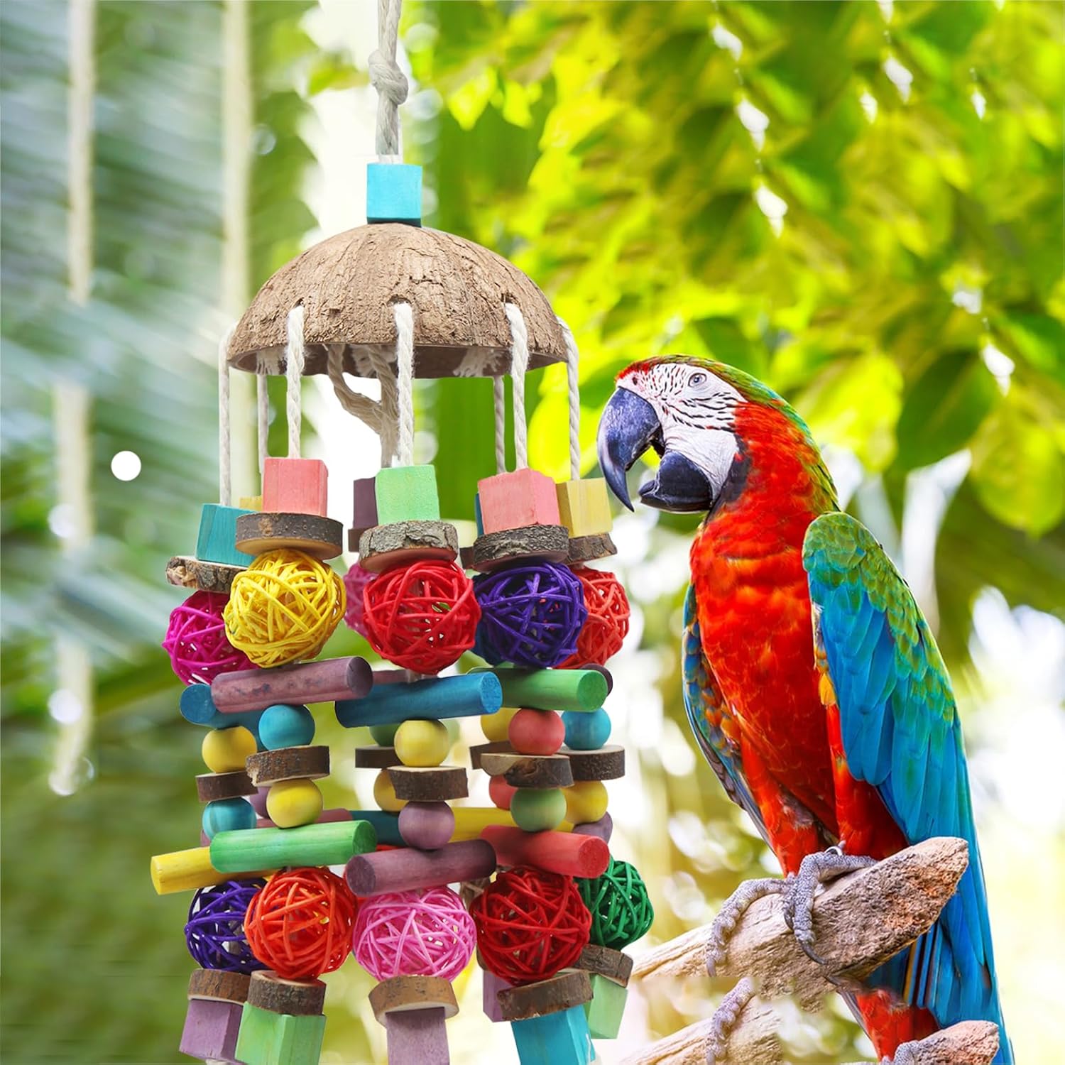 Detalle de MQUPIN Large Parrot Toys with Coconut Shell – Natural wooden climbing & chewing toy for African Grey
