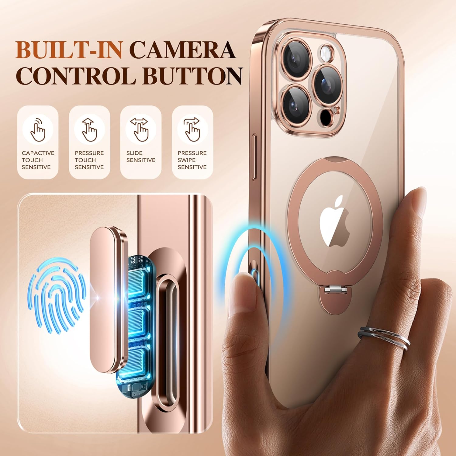 Detalle de BERFY iPhone 16 Pro Max Case with MagSafe, Built-in 9H Glass Screen Protector, and 360° Rotating Stand – Clear Rose Gold