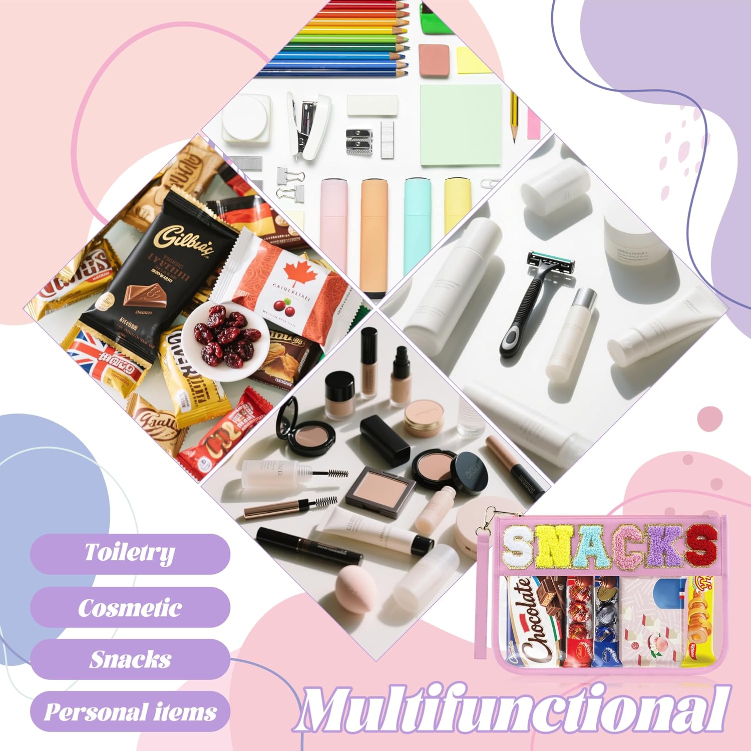 Thumbnail 5 de Buycard Pink Chenille Letter Patch Snack Bag for Travel: Waterproof, Zippered Pouch