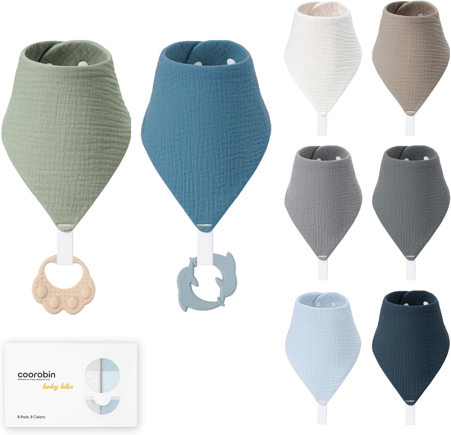 COOROBIN 8-Pack Muslin Baby Bibs with 2 Teethers, 100% Cotton, Adjustable Snaps