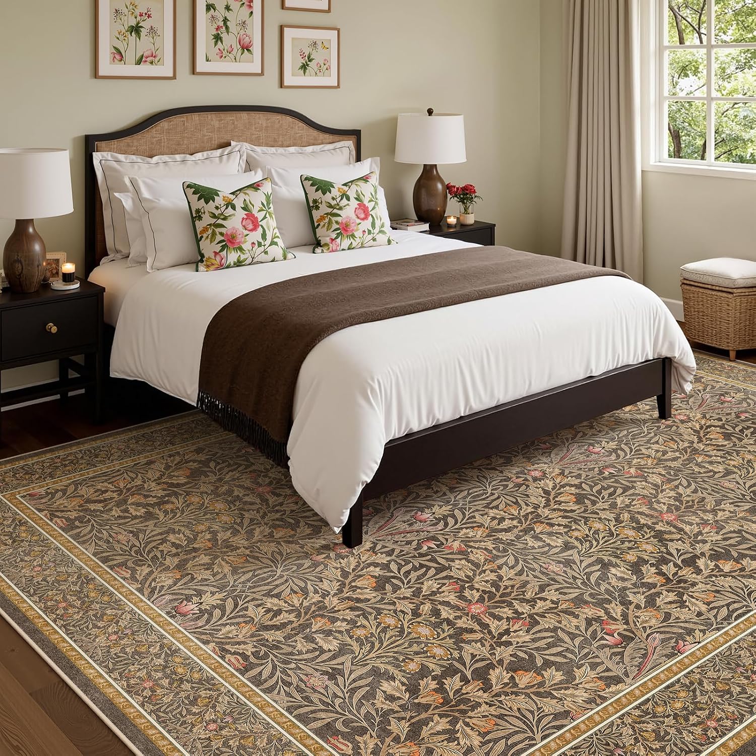 Detalle de Dadasgk Vintage Washable Area Rug, 8' x 10', Gold Brown Floral Faux Wool