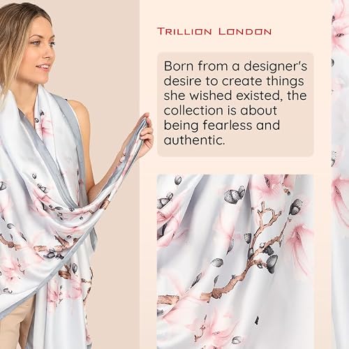 Thumbnail 7 de Trillion London Silk Shawl: Soft Grey Blossoms Designer Silk Scarf