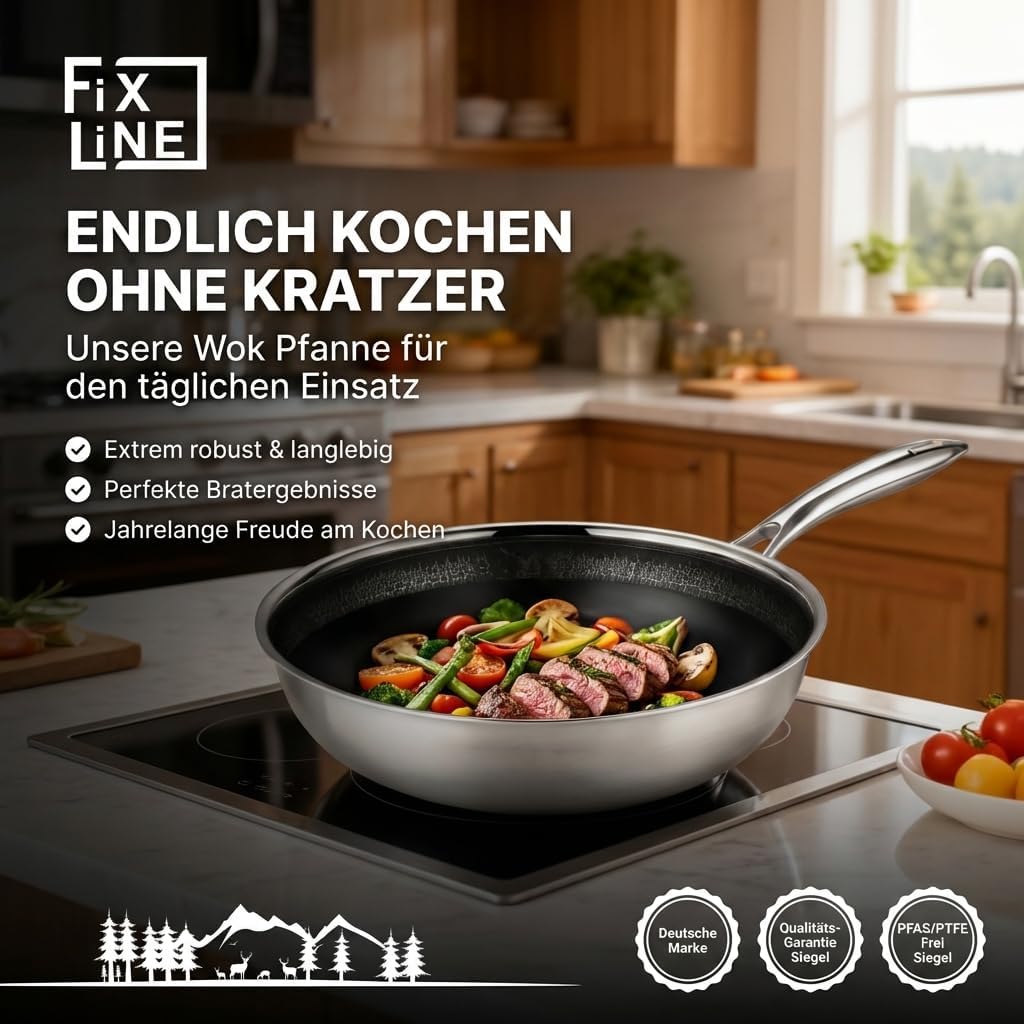 Detalle 2 de FIXLINE® BLACK FOREST Wokpfanne 28 cm – Keramikbeschichtung, induktionsgeeignet, backofengeeignet bis 230°C
