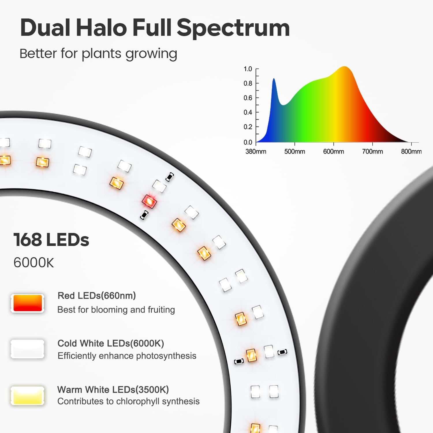 Detalle de Garpsen Halo Pflanzenlampe mit Dual-Kopf Vollspektrum-LED, Standfuß, Timer 6/12/16 h und dimmbaren Stufen