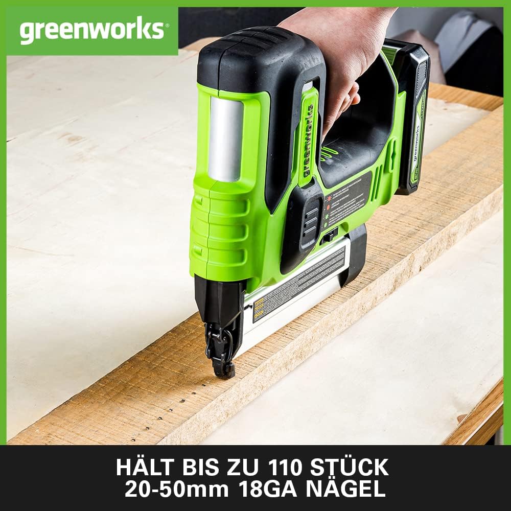 Detalle de Greenworks GD24BN cloueuse électrique sans fil 18GA, capacité 110 clous, 110 pcs/min (outil seul)