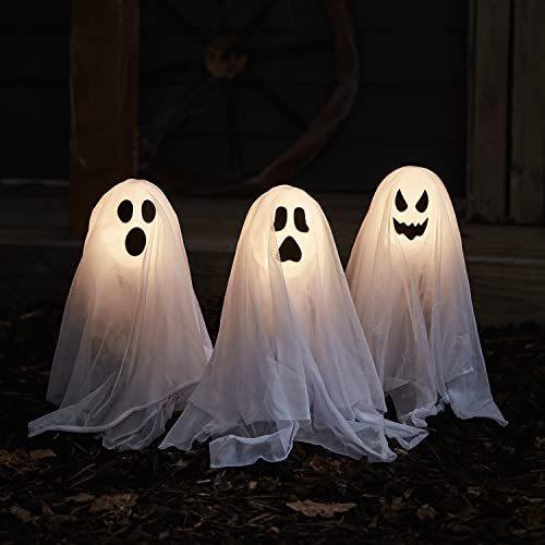 Detalle de Lights4fun 3er-Set Halloween Geister – Geister-Stableuchten mit Erdspieß, batteriebetrieben, IP44