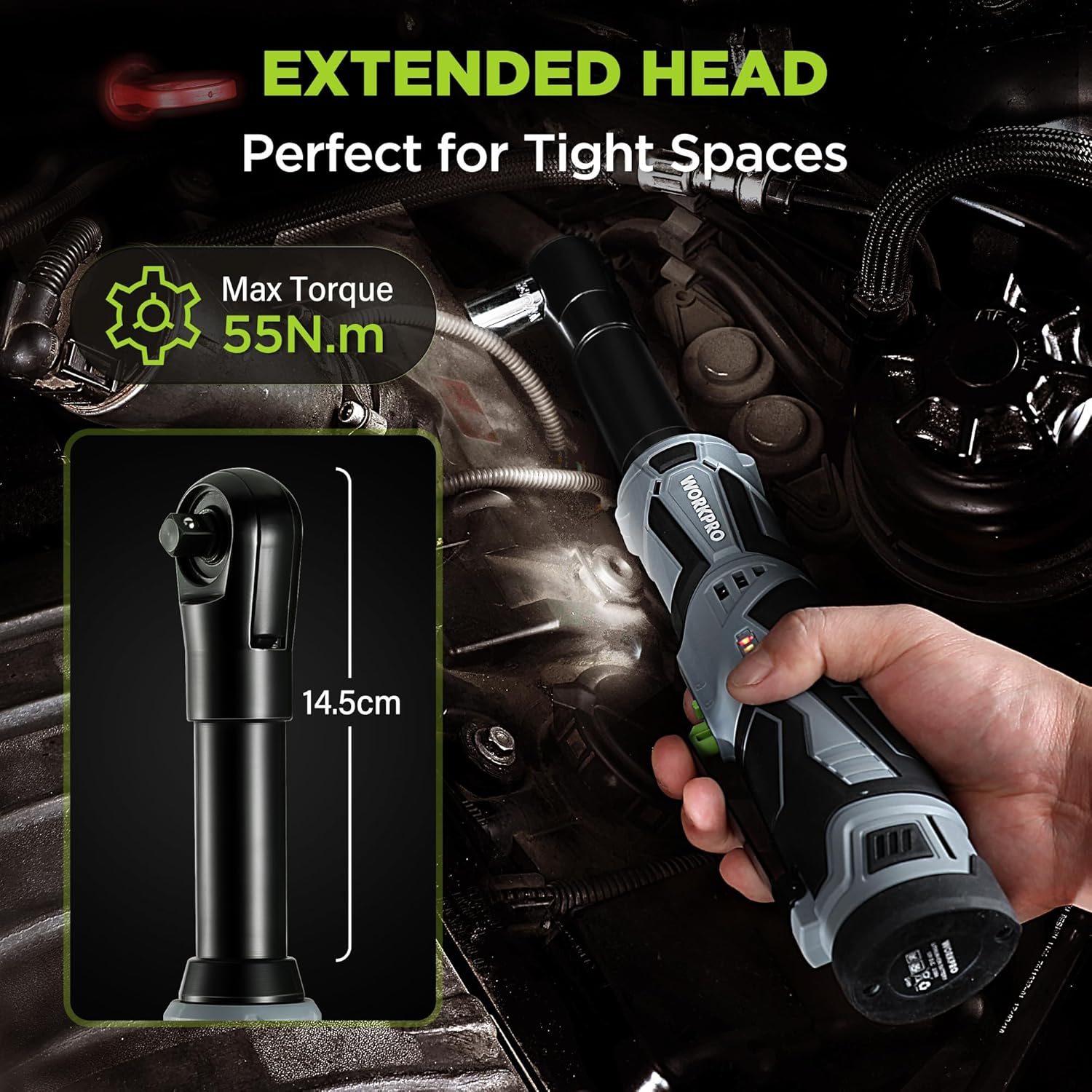 Detalle de WORKPRO chiave a cricchetto elettrica senza fili 12V 3/8” 55 Nm con LED e set 2 batterie da 2,0 Ah