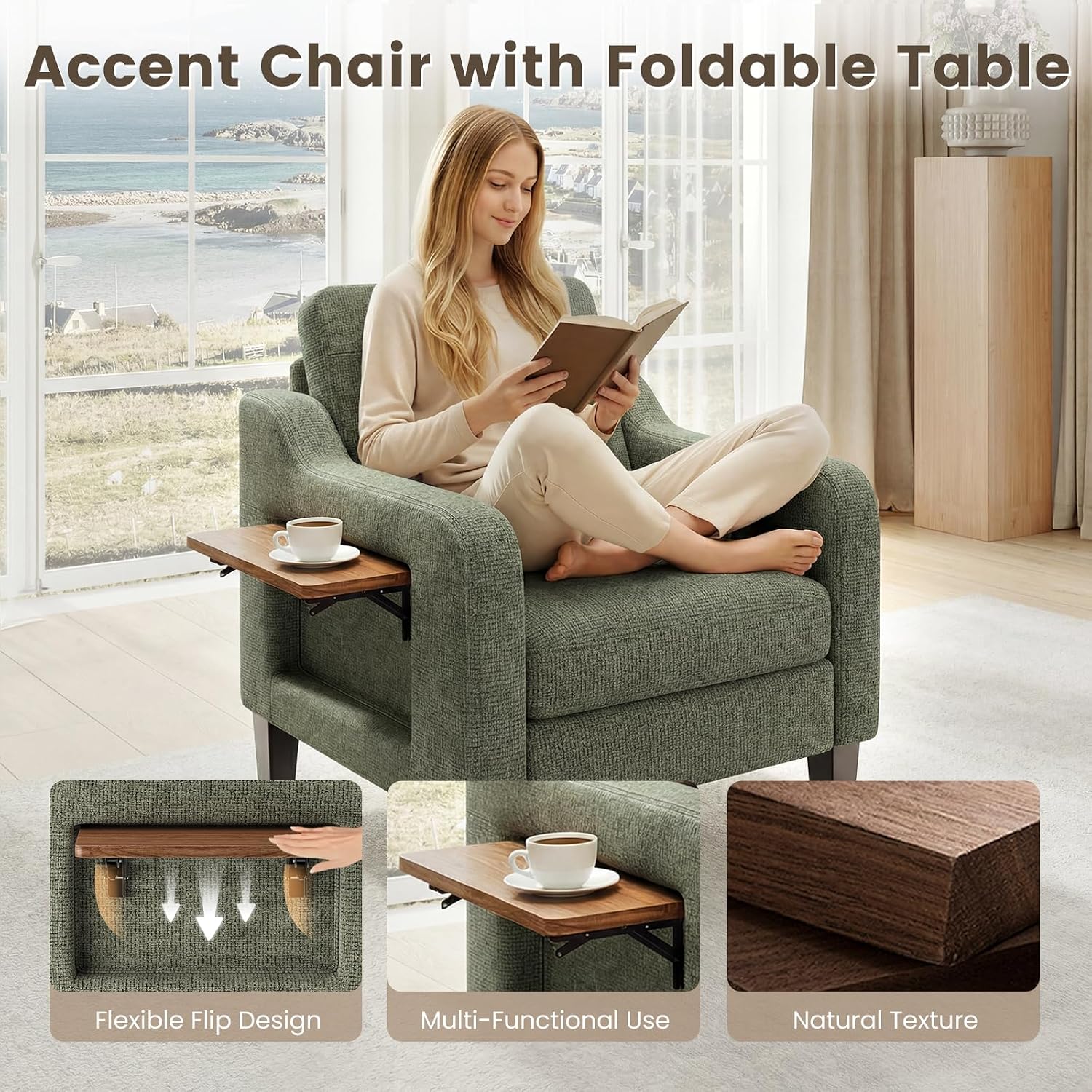 Detalle de COLAMY ACW08 Green Accent Chair with Foldable Side Table and Storage