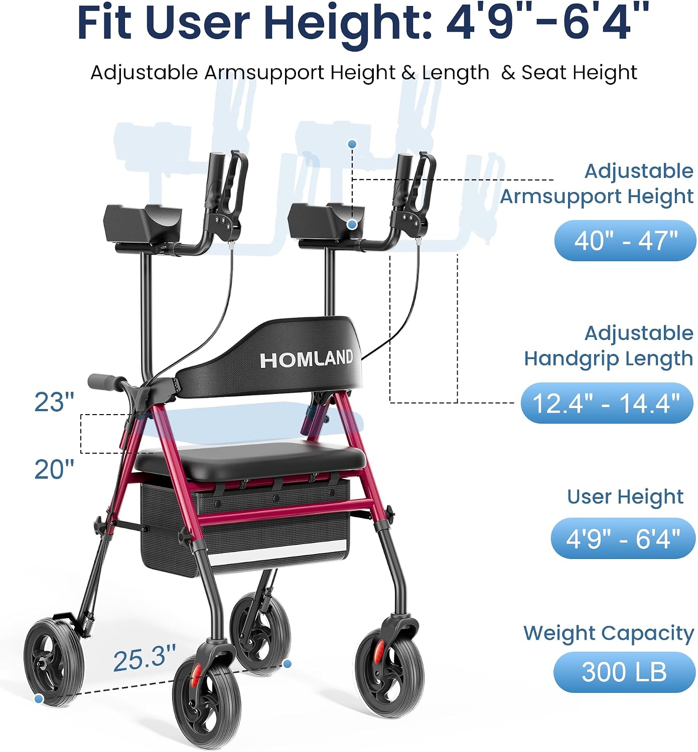 Detalle de HOMLAND Upright Walker with Seat, 16-Inch Padded Seat, Adjustable Arms