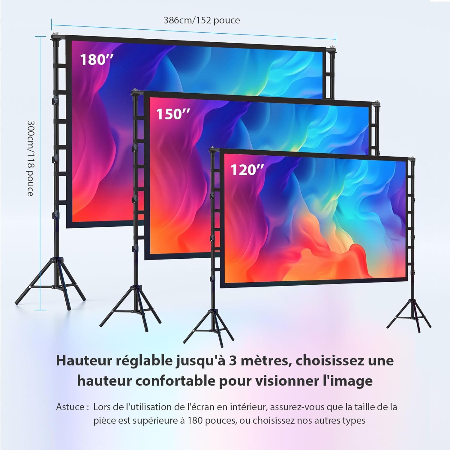 Thumbnail 2 de Écran de projection 180 pouces LEORFI portable avec support télescopique (16:9, compatible 4K/Full HD)