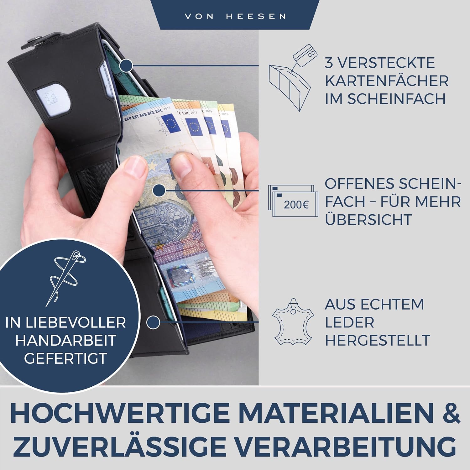 Detalle de VON HEESEN Slim Wallet mit Münzfach & RFID Schutz – Mini Portemonnaie aus Echtleder, Schwarz (Waxy)