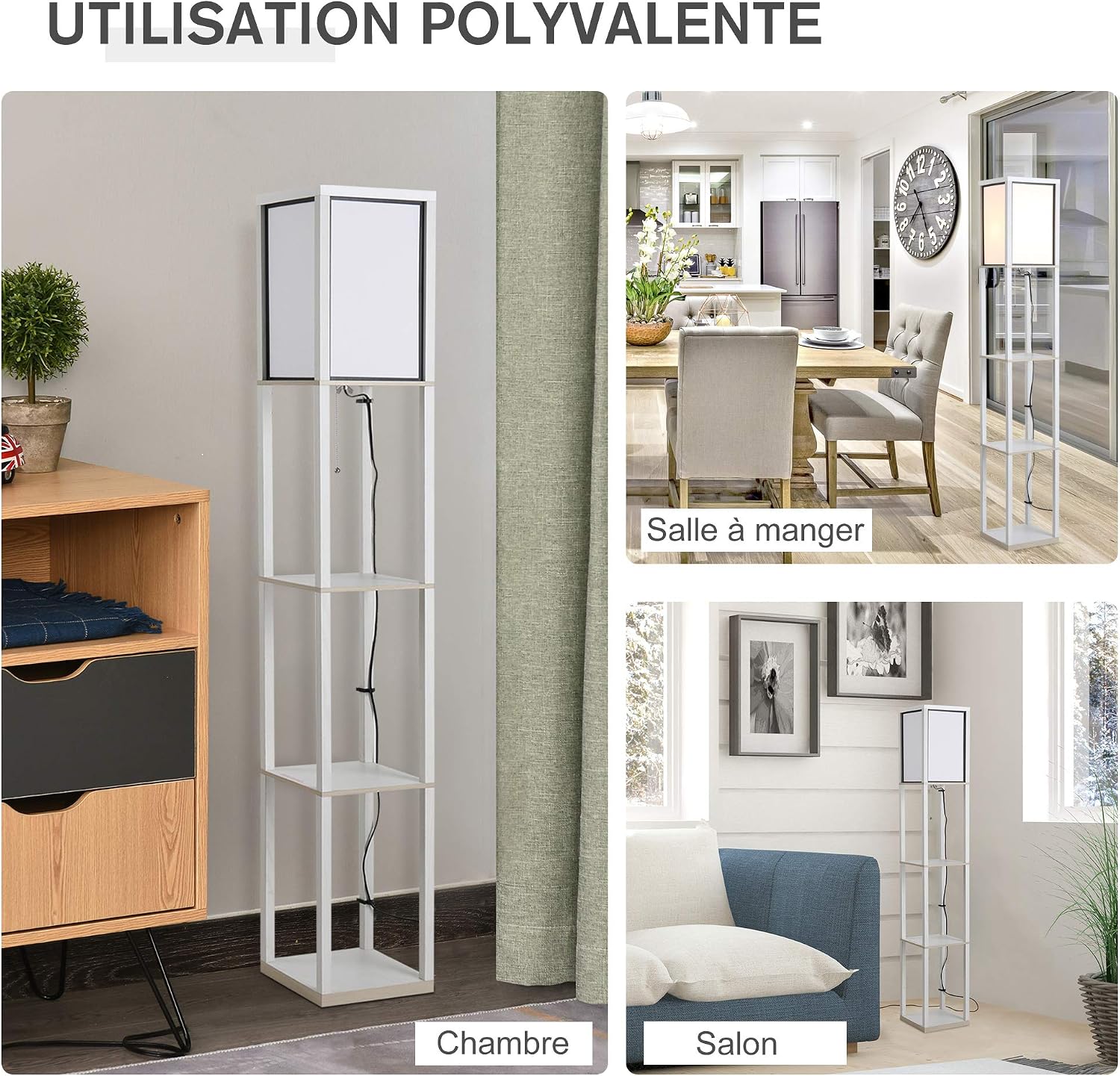 Detalle 2 de HOMCOM lampadaire avec étagères 3 niveaux (160 cm) en MDF blanc