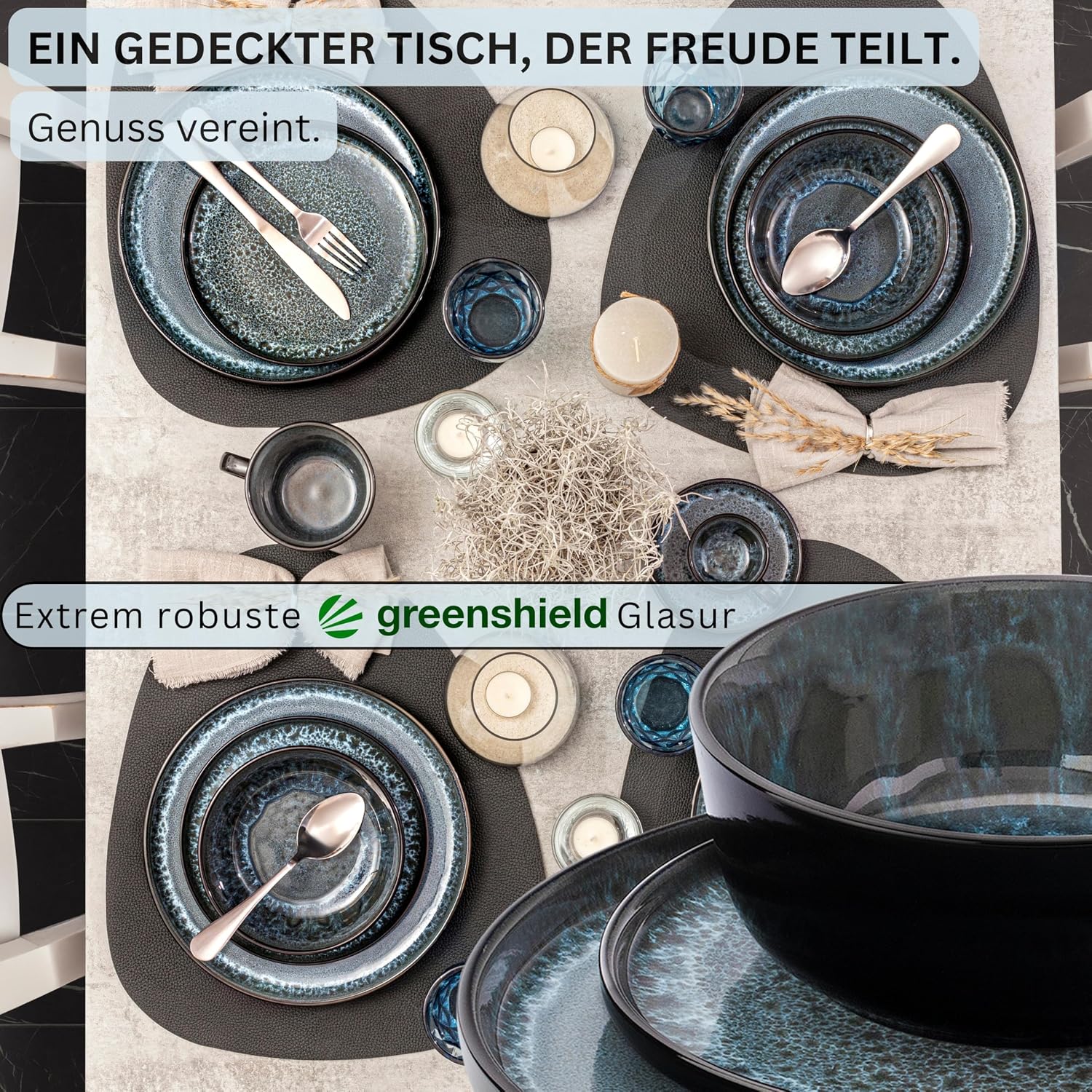 Detalle de SÄNGER Manila 18-tlg. Steingut-Geschirrset, blau mit schwarzem Rand – Teller-Set für 6 Personen
