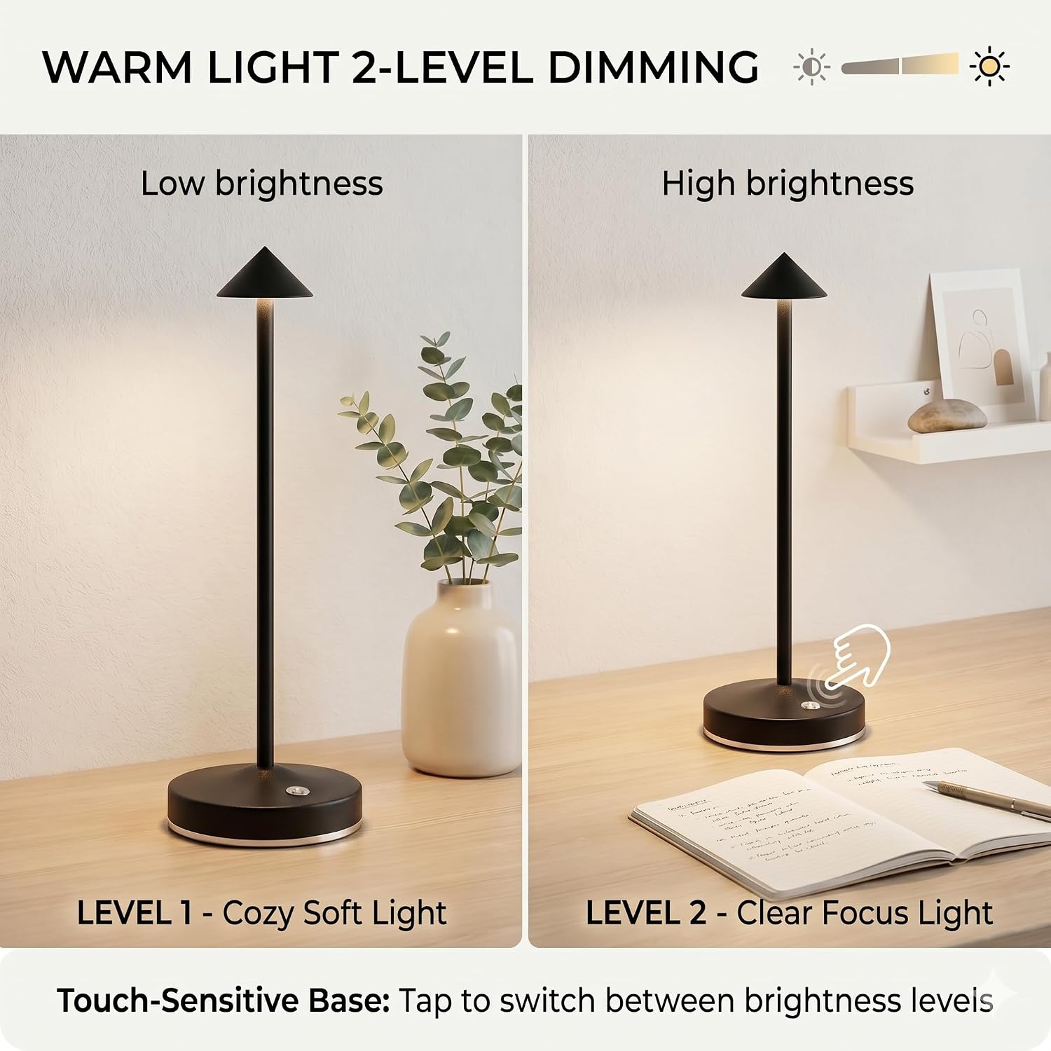 Detalle 2 de eypid Cordless Table Lamp, Black, Rechargeable LED with Touch Dimming