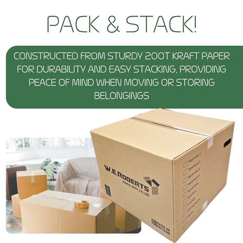 Detalle de W.E. Roberts 10 Strong Extra Large Cardboard Moving Boxes (52cm x 52cm x 40cm) with Printed Room List and Carry Handles