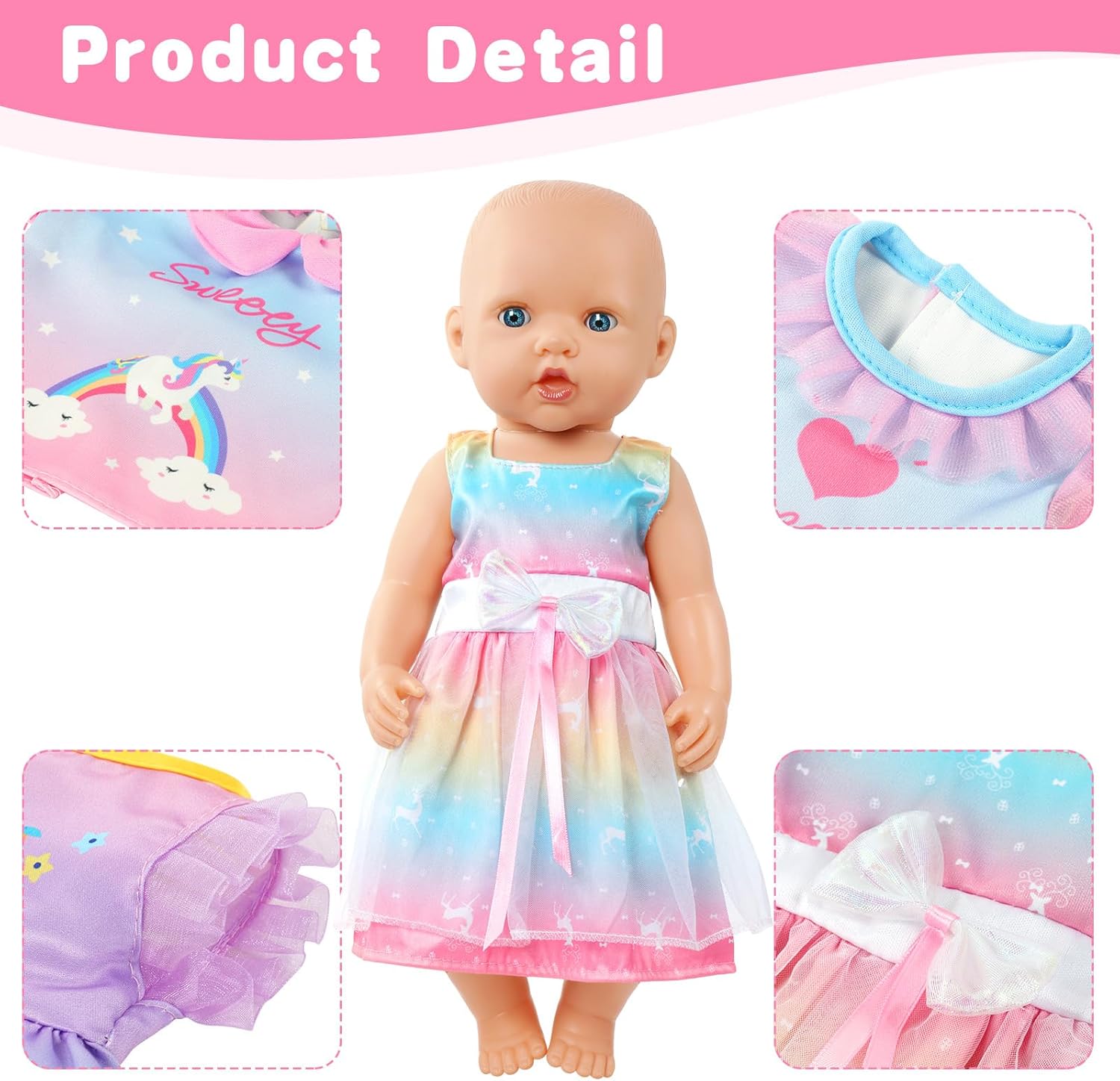 Detalle de Aolso 4-pack baby doll clothes for 14–18 inch (35–45 cm) dolls – unicorn outfits with socks and hangers