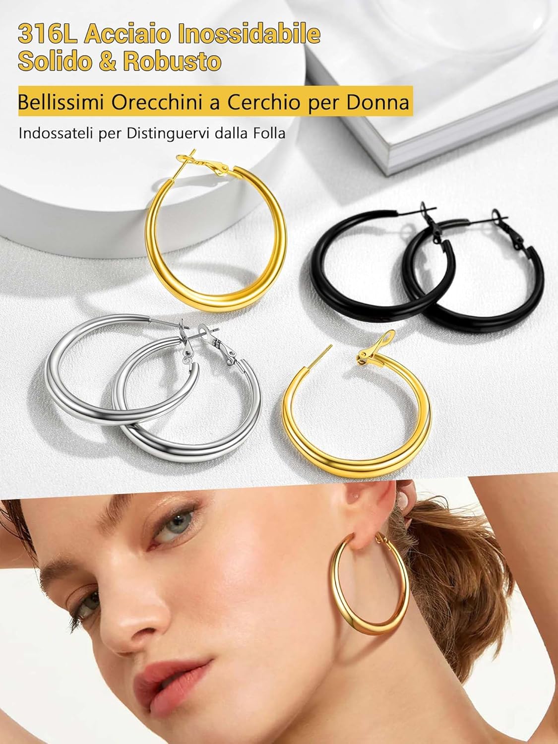 Thumbnail 5 de Orecchini cerchio PROSTEEL in acciaio inox chirurgico 316L, 40/60/80 mm con confezione regalo