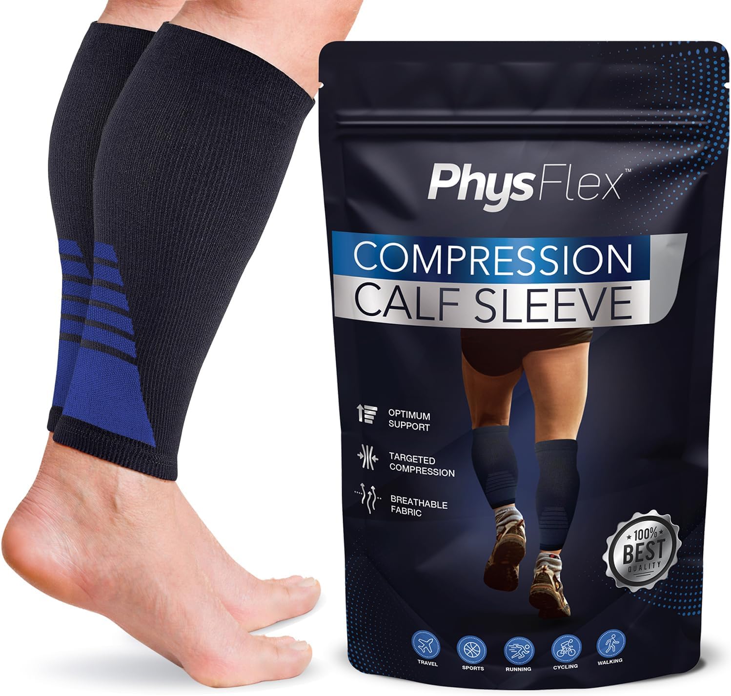 Detalle de PhysFlex Calf Compression Sleeves, Footless Nylon-Spandex Pair, Blue, Large