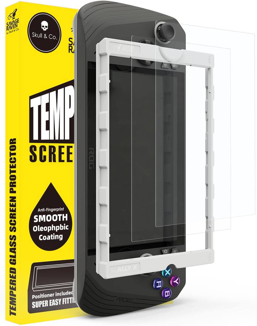 Detalle de Skull & Co. High Transparency Hochsensitives Tempered Glass Displayschutz für ROG Ally X (2-Stück) mit Positioner-Installationskit – HD Klarheit