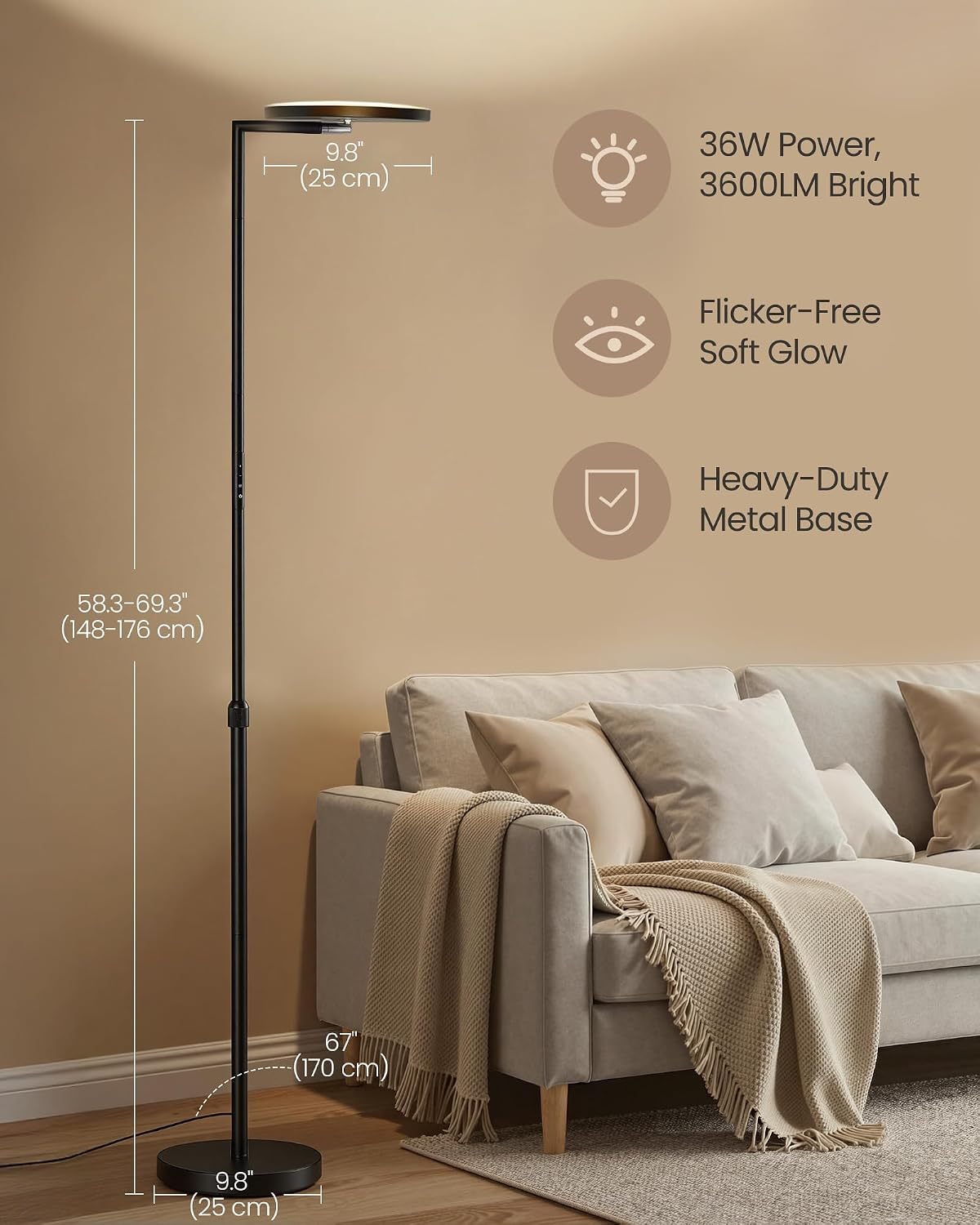 Detalle de VASAGLE LFL008BD01 LED Floor Lamp, 36W Adjustable Height, Rotating Head