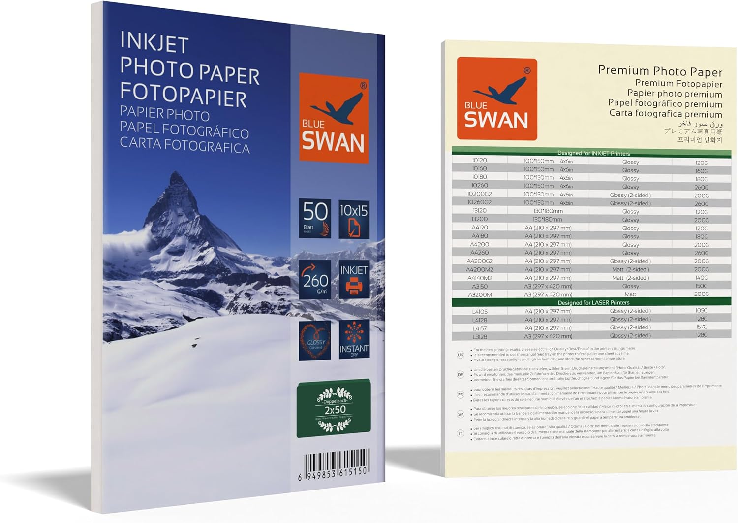 Detalle de BLUE SWAN Carta Fotografica Lucida 10×15 cm, 260 g/m² – 100 fogli (2×50) a asciugatura rapida