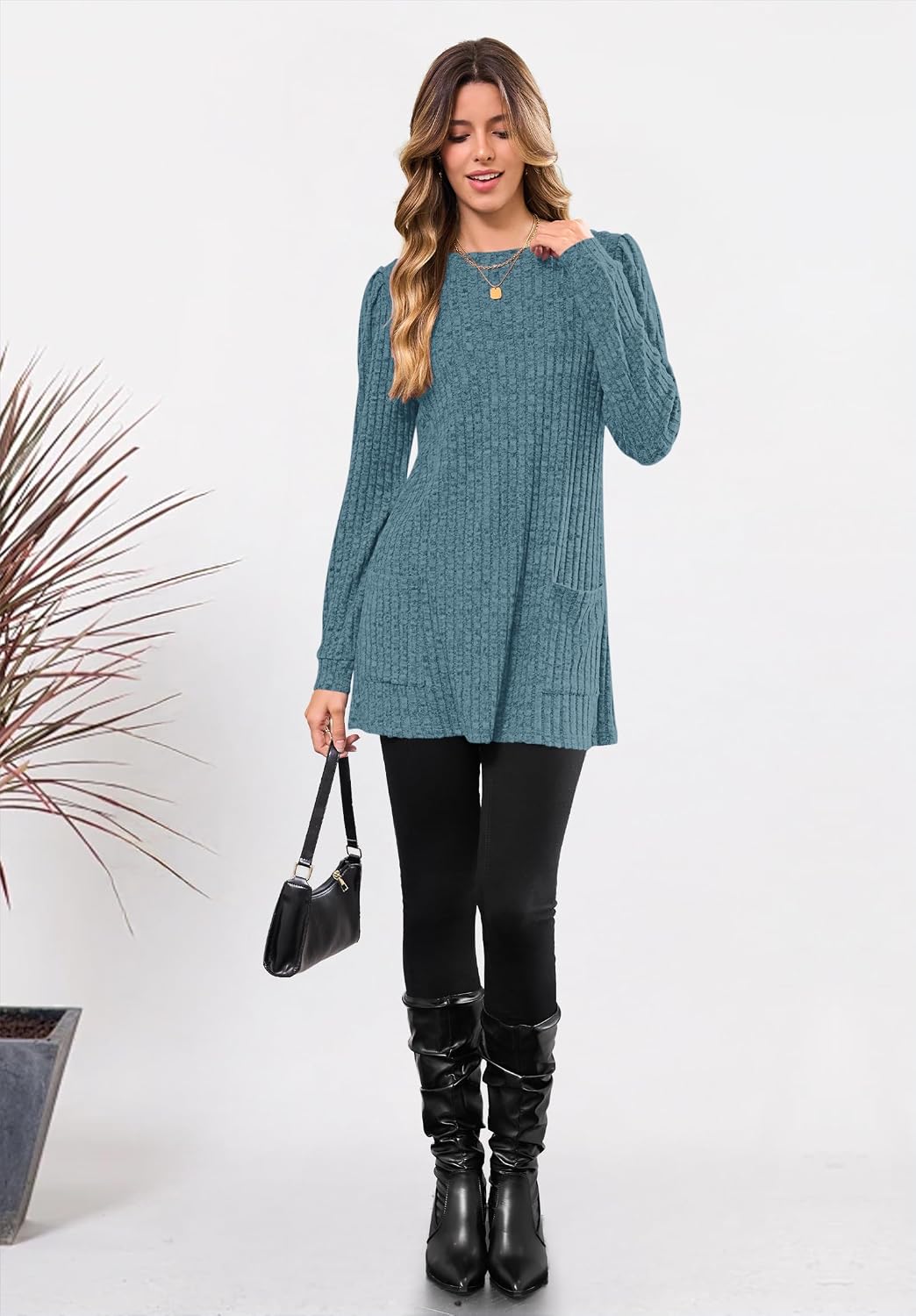 Detalle 1 de WNEEDU Women's Long-Sleeve Sweater Dress with Pockets and Vertical Stripes