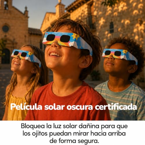 Detalle 2 de Medical King - 20 Gafas Eclipse Solar Homologadas ISO 12312-2, Paquete de 6 con 2 Lentes Fotográficos para Smartphone