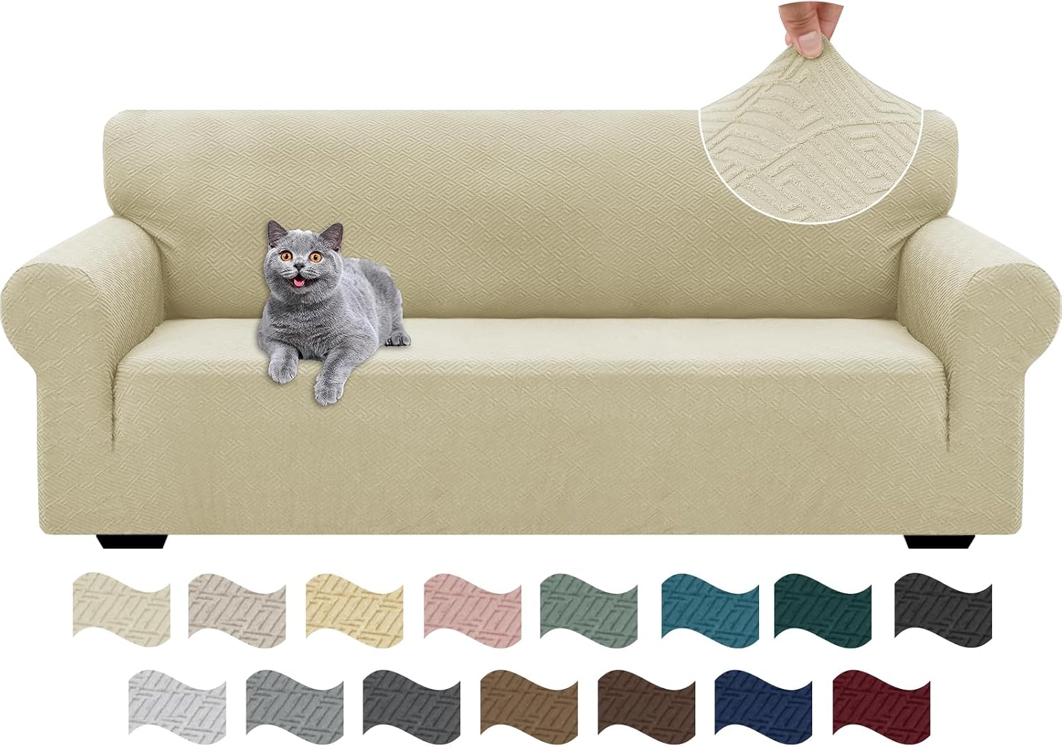 Detalle de Ystyle Housse de canapé extensible 3 places beige clair avec accoudoirs, antidérapante