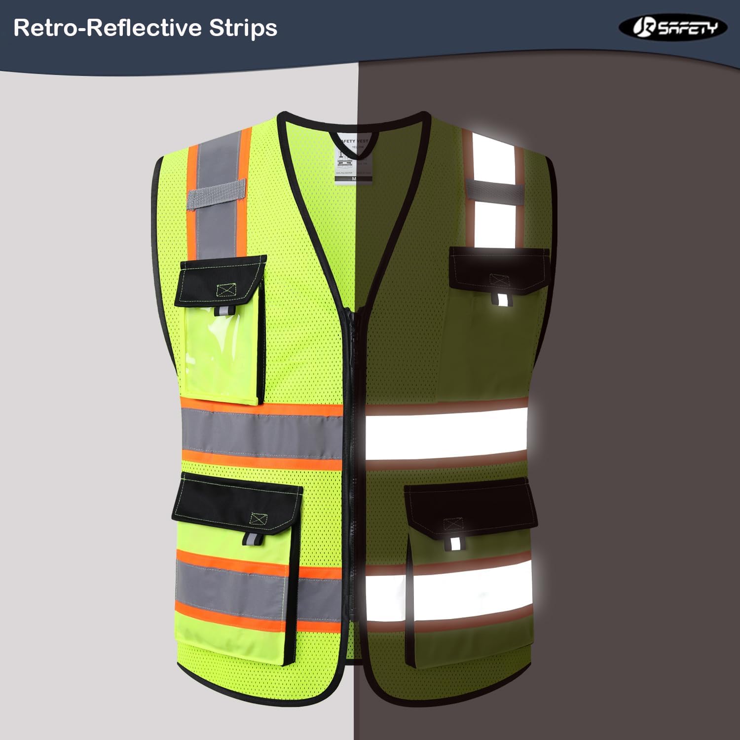 Detalle 2 de JKSafety JK220 Safety Vest, Yellow XL Mesh, Class 2, 5 Utility Pockets