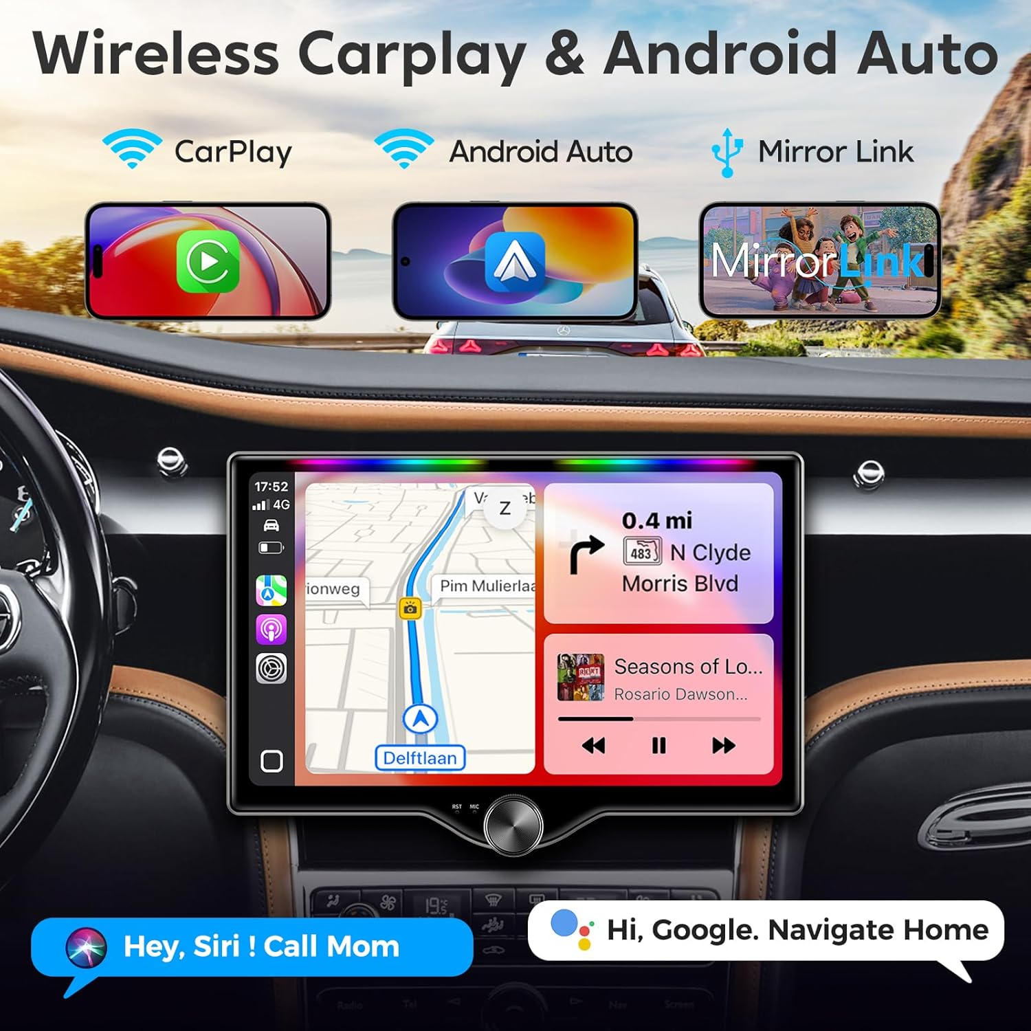 Thumbnail 1 de Kissound 10.1" QLED Double Din Car Stereo with Wireless CarPlay & Android Auto, Bluetooth, DSP, Backup Camera